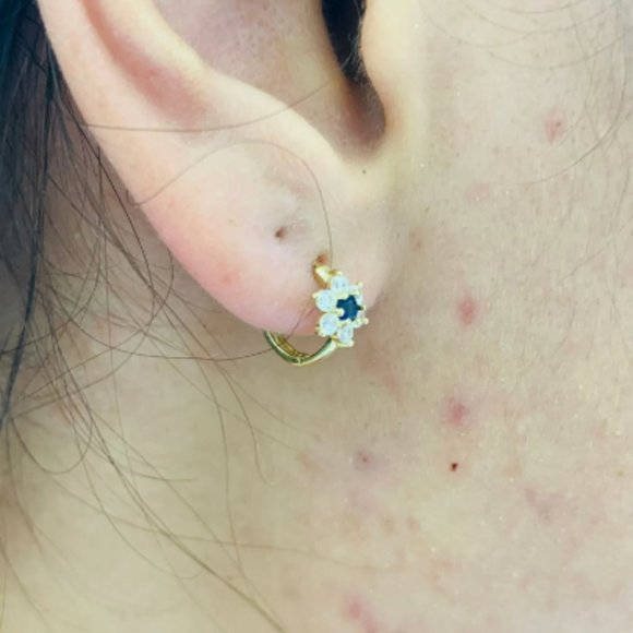 14K Yellow Gold Flowers Huggies Hoop Earrings Birthstones 11x13mm for Baby Girls - Picture 7 of 16